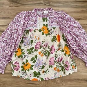 Mixed-Print Floral Peasant Blouse - Purple & Cream